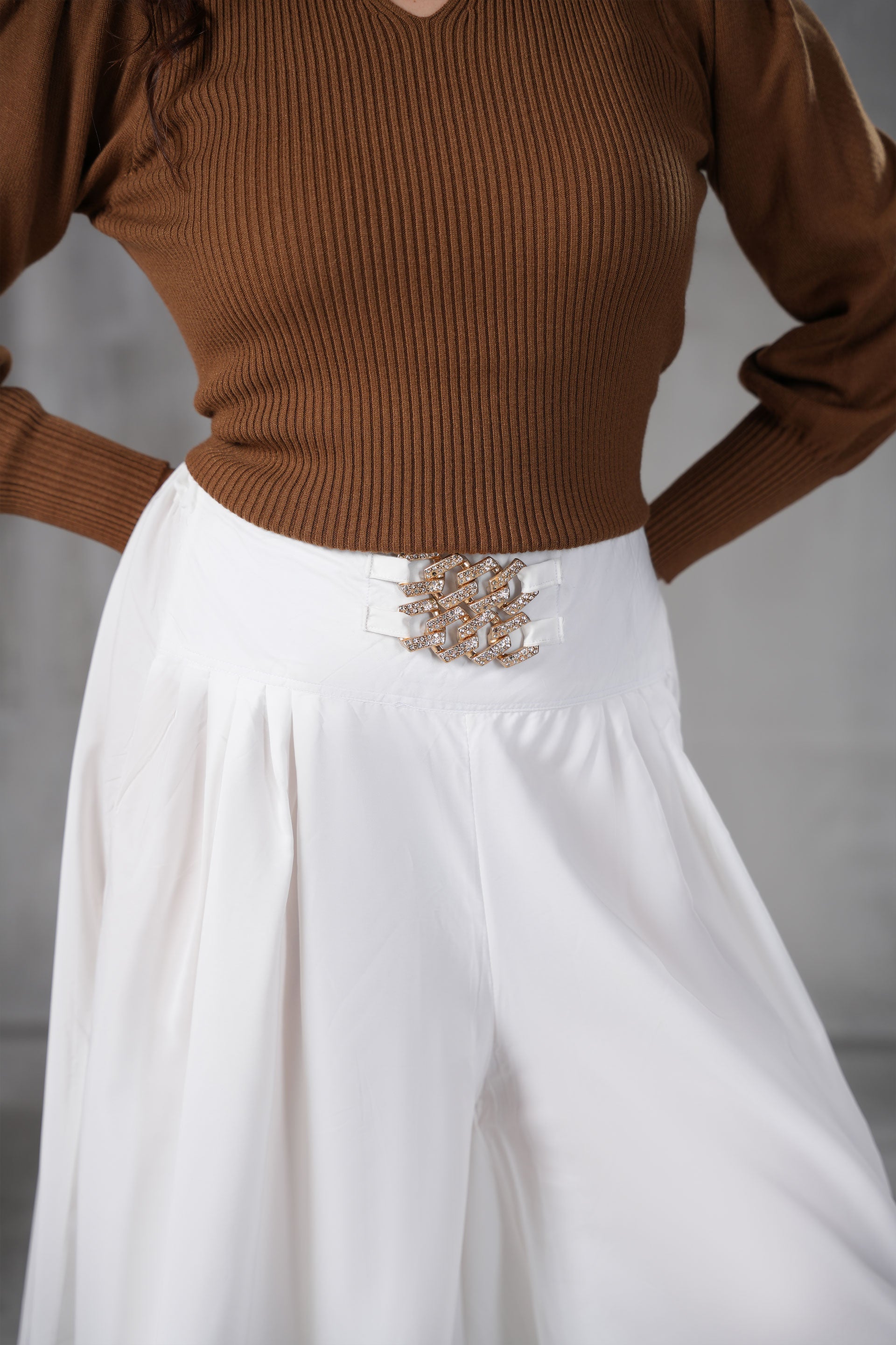 Premium Silk-Feel Palazzo Trousers with Embellished Waist
